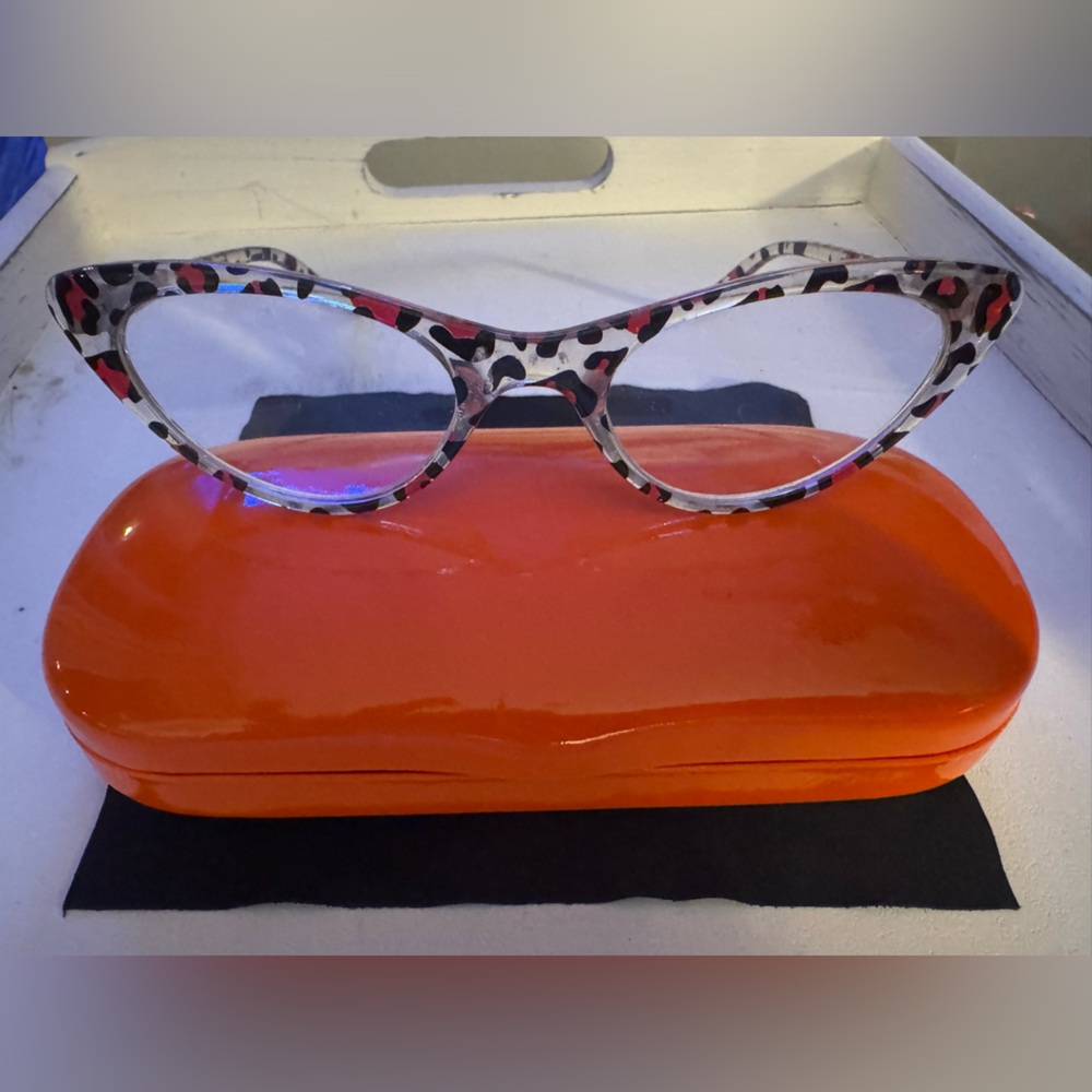 From Scotland Cat Eye Leopard Print Glasses or Readers 1.50 with Orange Case